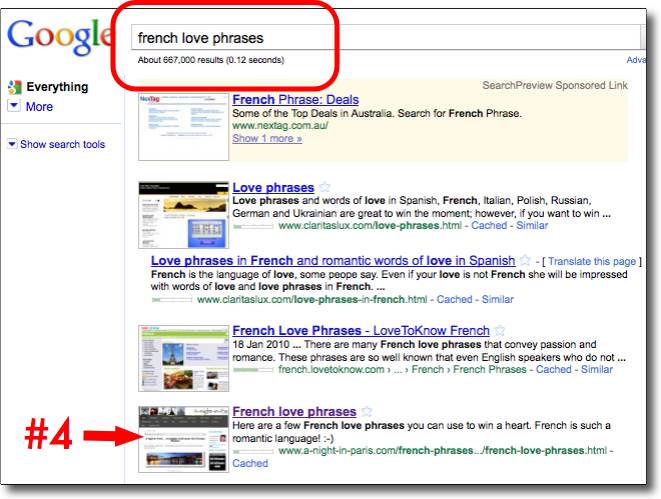 love quotes in french.  great example. This keyword phrase has kept the travel website on page 1 